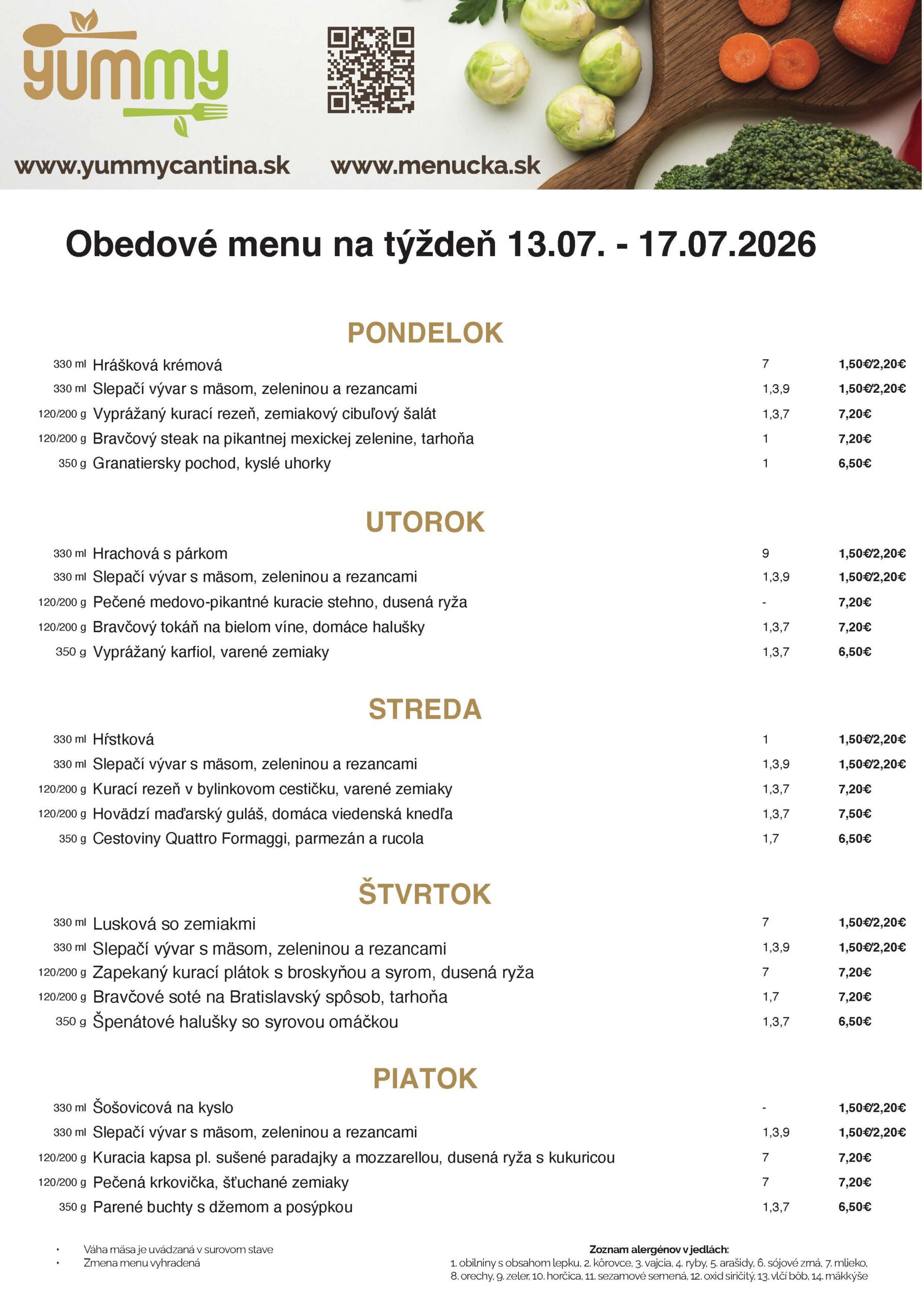 Denné obedové menu kantína Tomášikova Petržalka