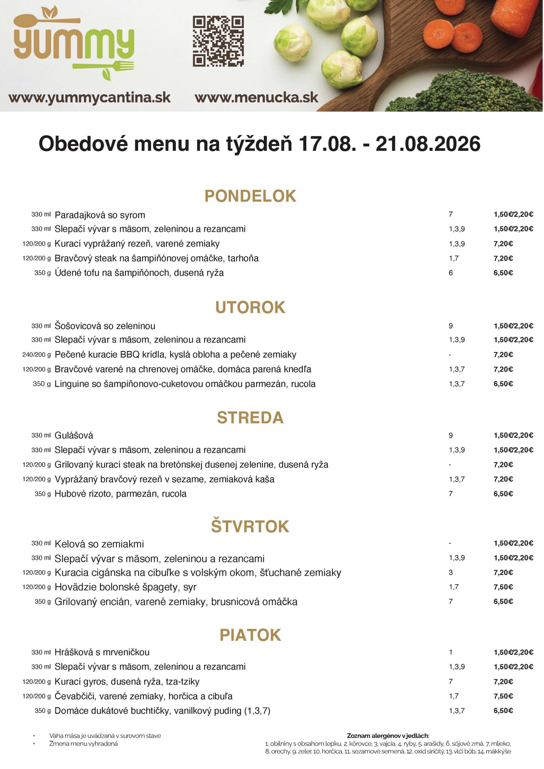 Denné obedové menu kantína Tomášikova Petržalka