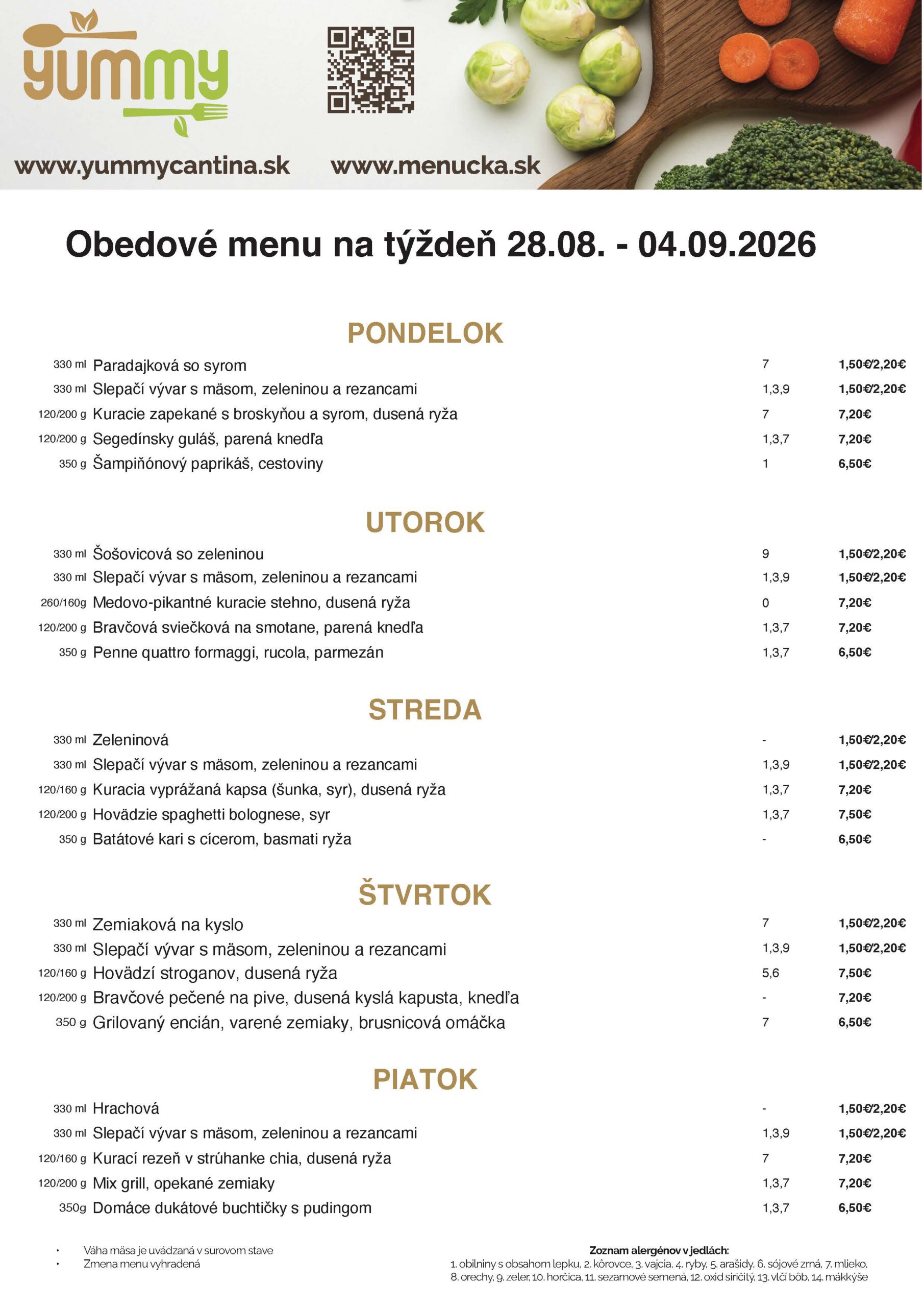 Denné obedové menu kantína Tomášikova Petržalka